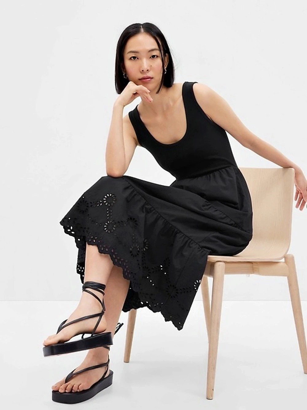 Gap Eyelet Mixed Fabric Midi Dress Black Cotton